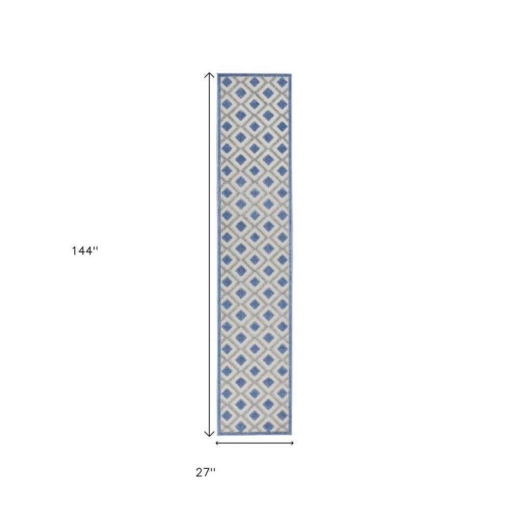 12' Blue And Gray Indoor Outdoor Runner Rug