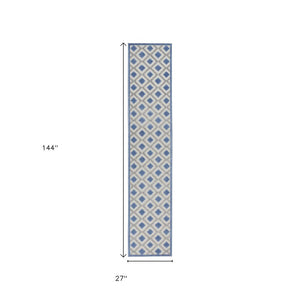 12' Blue And Gray Indoor Outdoor Runner Rug