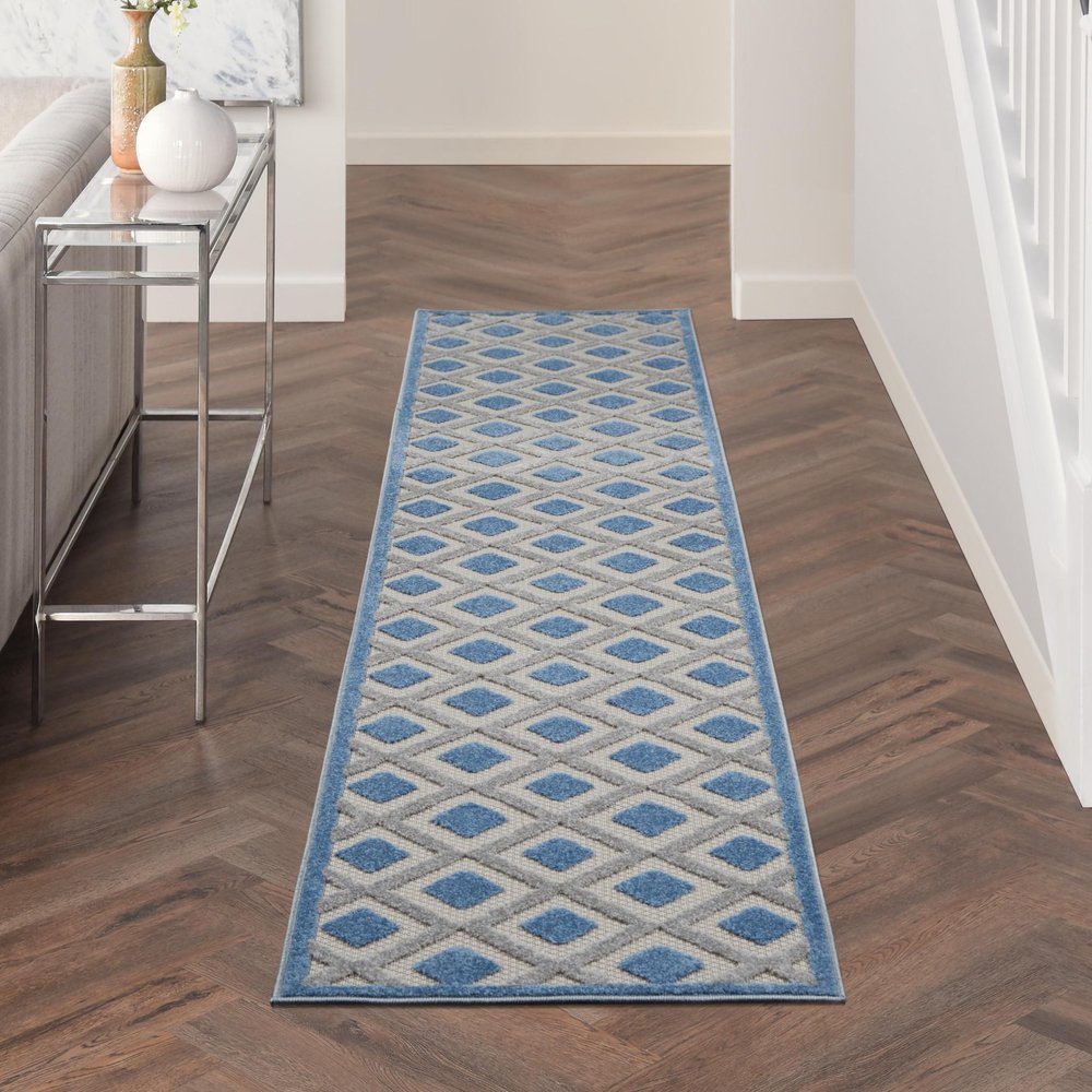 12' Blue And Gray Indoor Outdoor Runner Rug