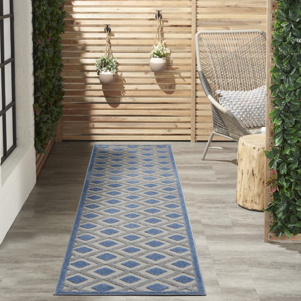 12' Blue And Gray Indoor Outdoor Runner Rug