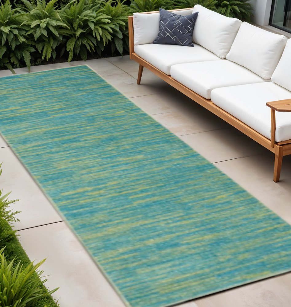10' Blue And Green Indoor Outdoor Runner Rug