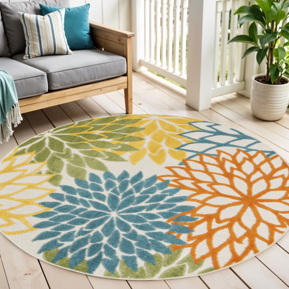 5' X 5' Blue And Yellow Round Indoor Outdoor Area Rug