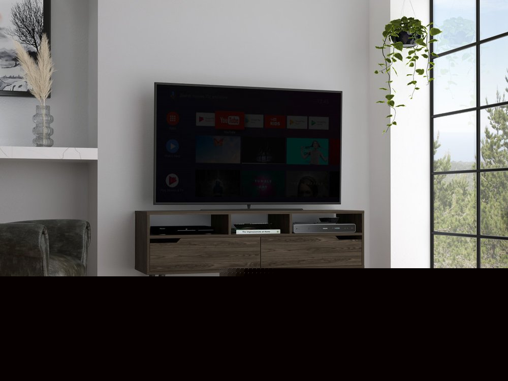 54" Dark Brown Walnut Enclosed and Open Storage TV Stand