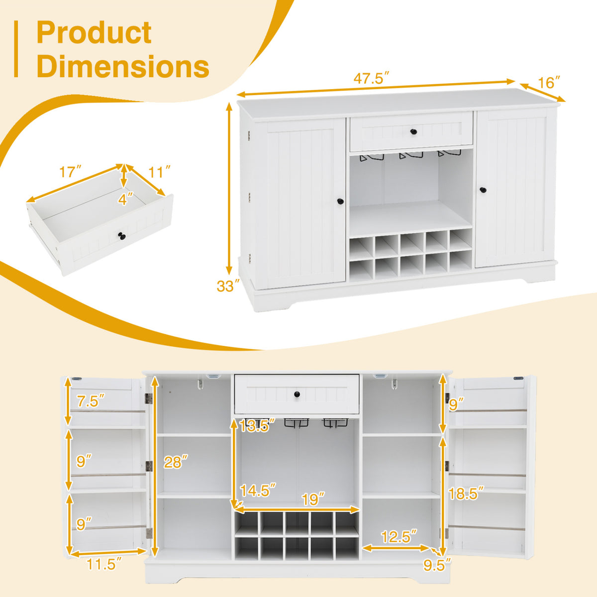 47.2 Inch Sideboard Cabinet with Door Shelves and 10-Bottle Wine Rack-White