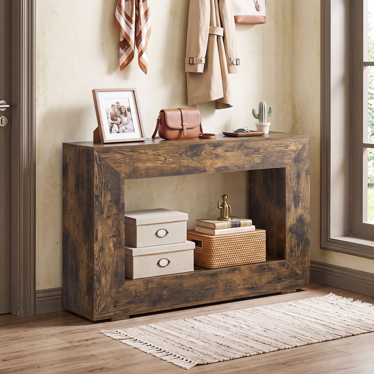 47" 2-Tier Farmhouse Console Table with Open Storage Shelf for Living Room-Rustic Brown