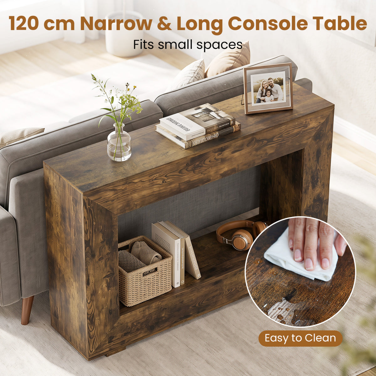 47" 2-Tier Farmhouse Console Table with Open Storage Shelf for Living Room-Rustic Brown