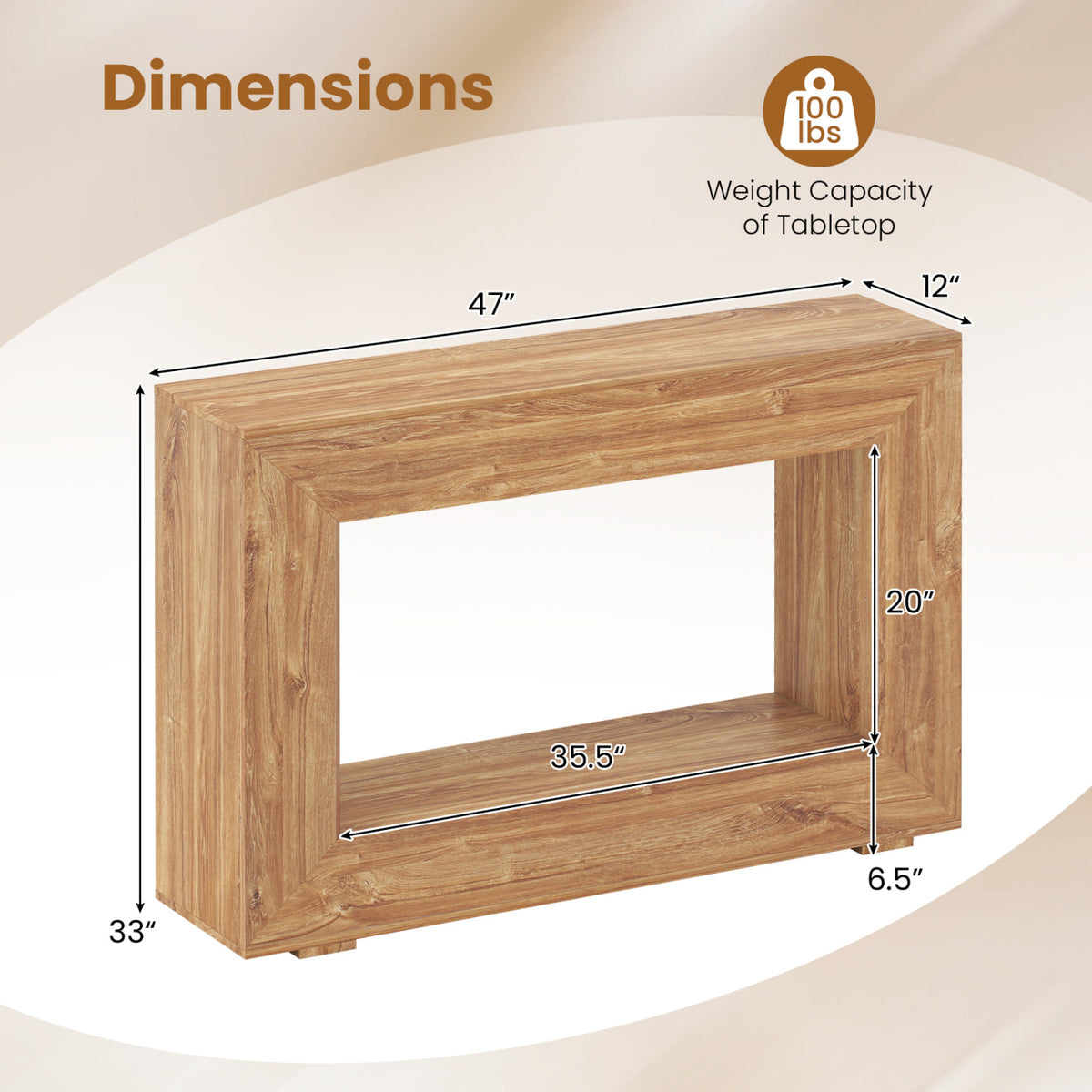 47" 2-Tier Farmhouse Console Table with Open Storage Shelf for Living Room-Natural