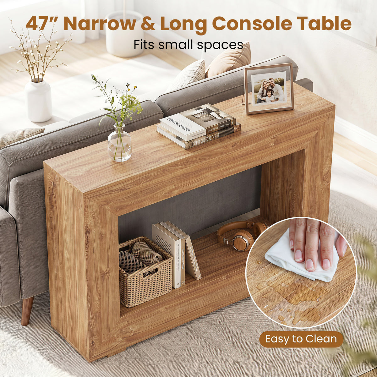 47" 2-Tier Farmhouse Console Table with Open Storage Shelf for Living Room-Natural