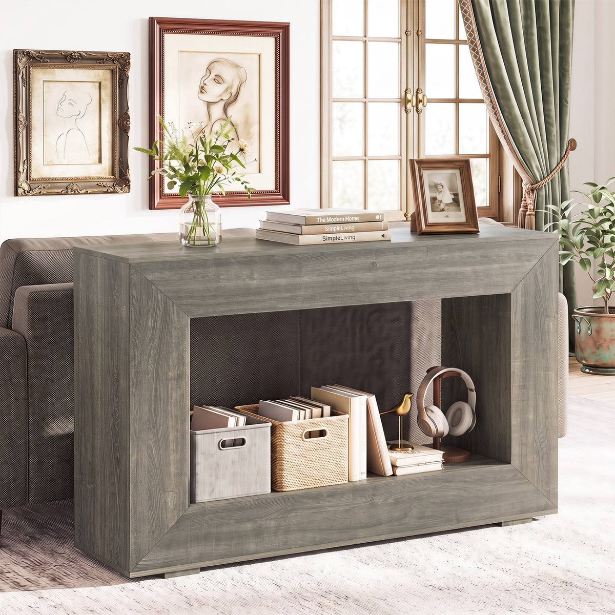 47" 2-Tier Farmhouse Console Table with Open Storage Shelf for Living Room-Oak