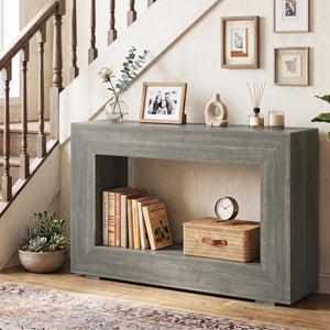 47" 2-Tier Farmhouse Console Table with Open Storage Shelf for Living Room-Oak