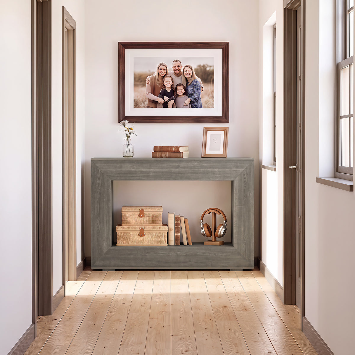 47" 2-Tier Farmhouse Console Table with Open Storage Shelf for Living Room-Oak