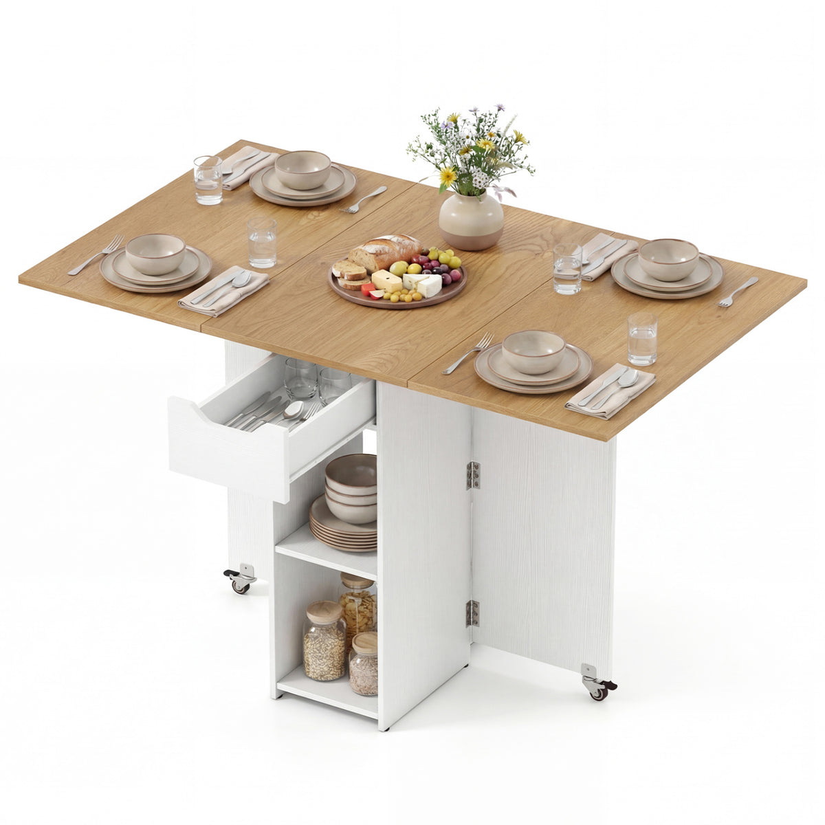 47.5 Inch Farmhouse Extendable Wooden Dinner Table with Lockable Wheels-White