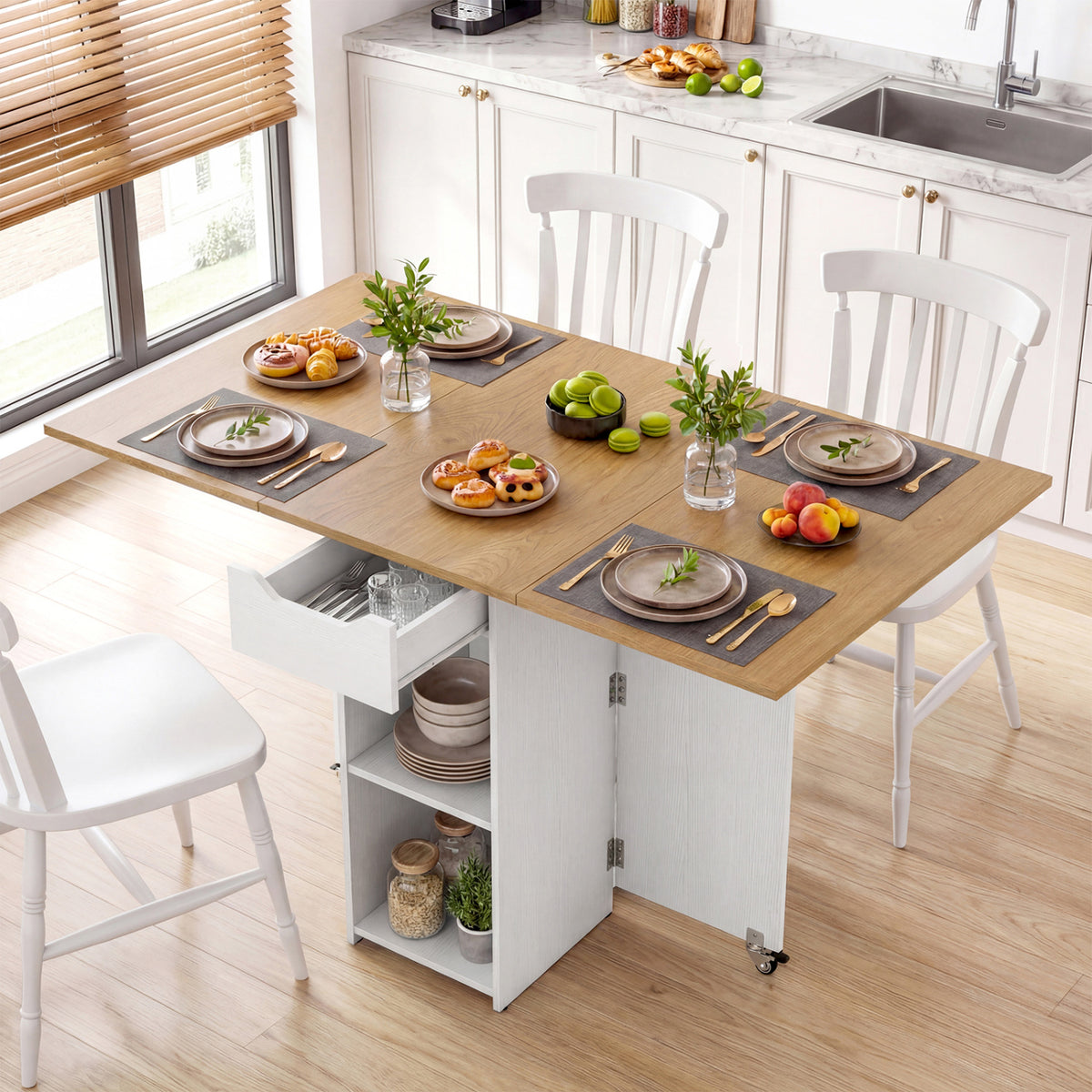 47.5 Inch Farmhouse Extendable Wooden Dinner Table with Lockable Wheels-White