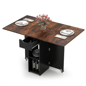 47.5 Inch Farmhouse Extendable Wooden Dinner Table with Lockable Wheels-Rustic Brown