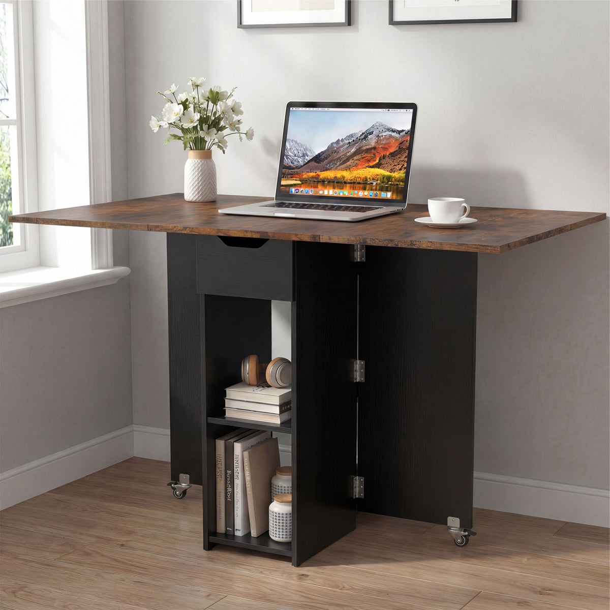 47.5 Inch Farmhouse Extendable Wooden Dinner Table with Lockable Wheels-Rustic Brown