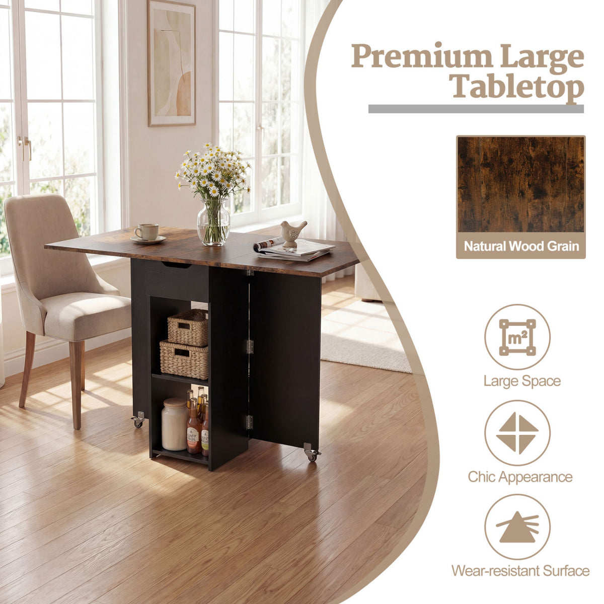 47.5 Inch Farmhouse Extendable Wooden Dinner Table with Lockable Wheels-Rustic Brown