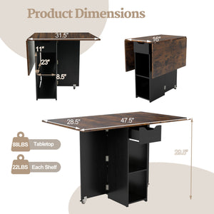 47.5 Inch Farmhouse Extendable Wooden Dinner Table with Lockable Wheels-Rustic Brown