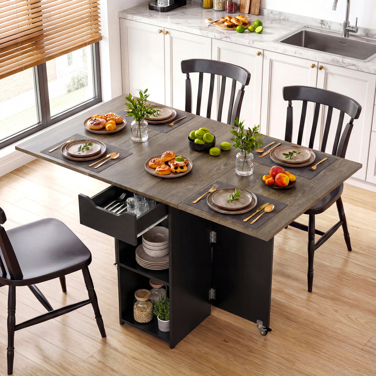 47.5 Inch Farmhouse Extendable Wooden Dinner Table with Lockable Wheels-Oak