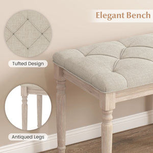 47.5 Inch Upholstered Bench with Carved Rubber Wood Legs and Padded Seat-Beige