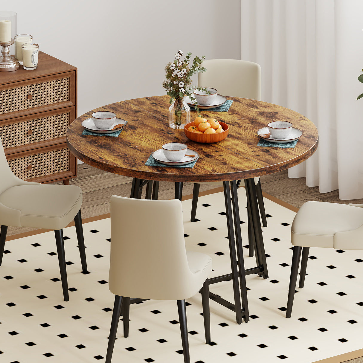 47 Inch Dining Table for 4-6 People Round Kitchen Table with Cross Base-Rustic Brown