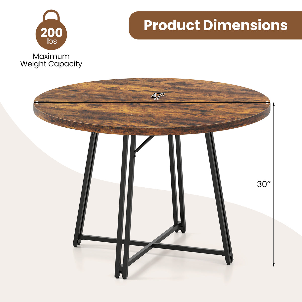 47 Inch Dining Table for 4-6 People Round Kitchen Table with Cross Base-Rustic Brown