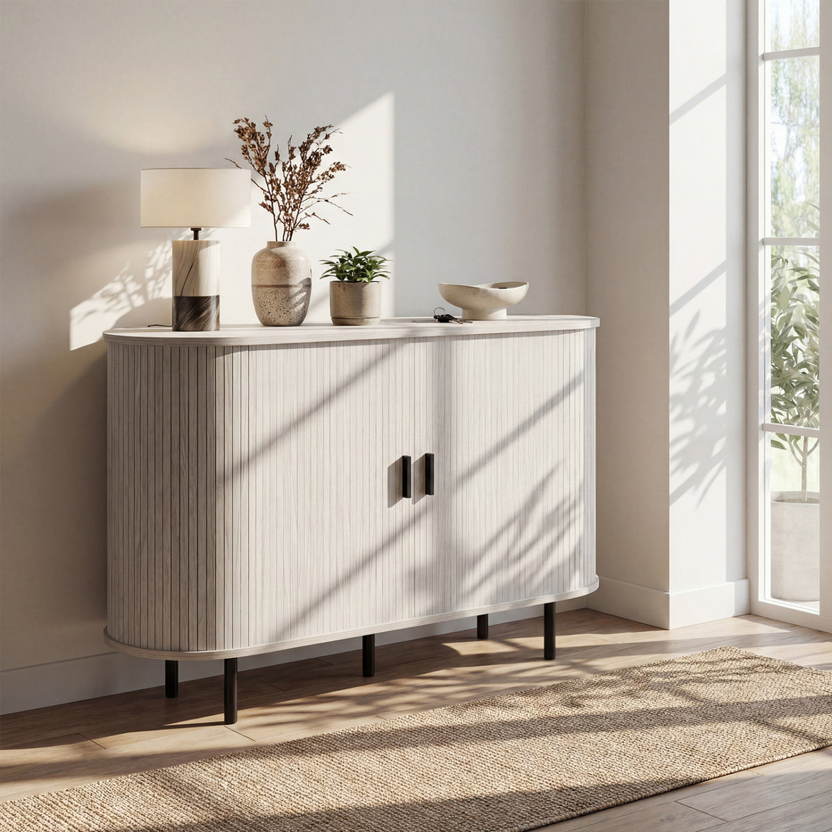 47 Inch Fluted Sideboard Buffet Cabinet with Tambour Sliding Doors and Metal Legs-Grey