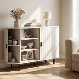 47 Inch Fluted Sideboard Buffet Cabinet with Tambour Sliding Doors and Metal Legs-Grey
