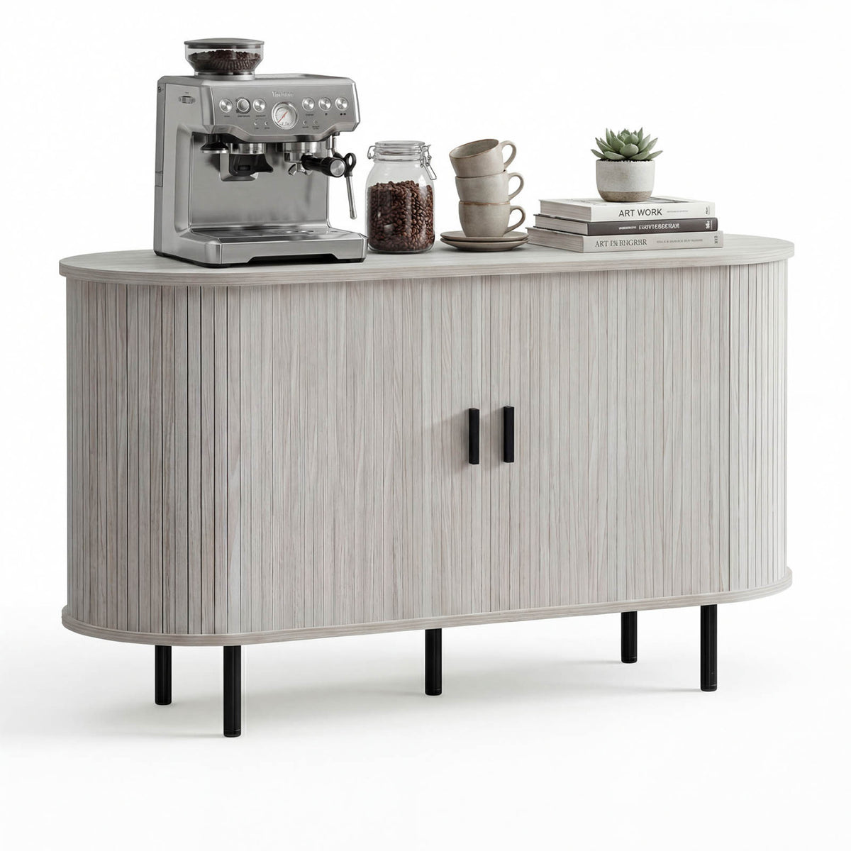 47 Inch Fluted Sideboard Buffet Cabinet with Tambour Sliding Doors and Metal Legs-Grey