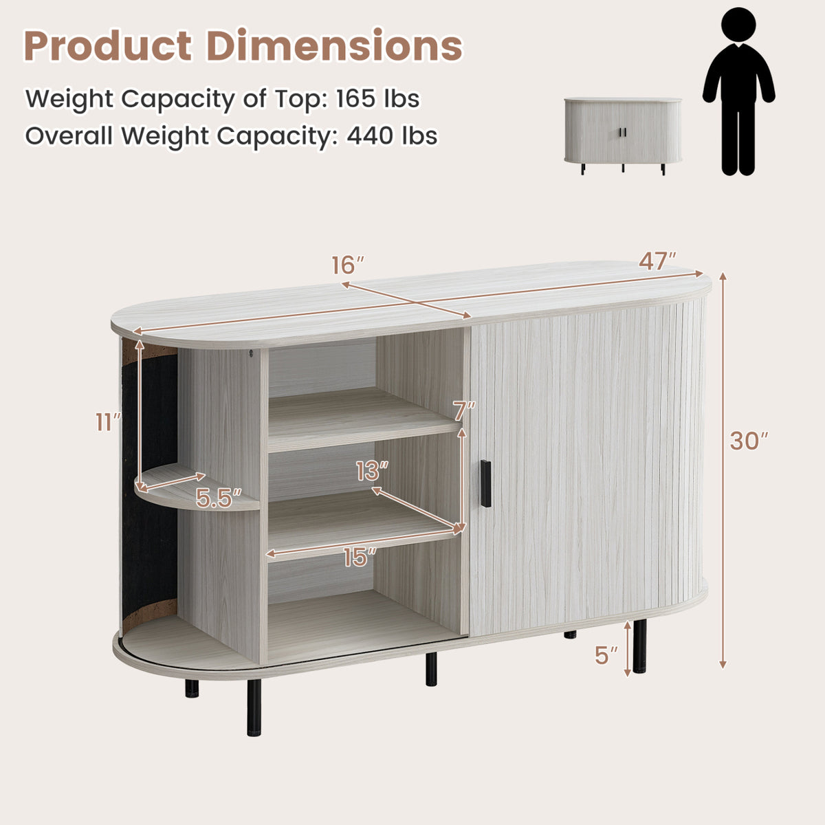 47 Inch Fluted Sideboard Buffet Cabinet with Tambour Sliding Doors and Metal Legs-Grey