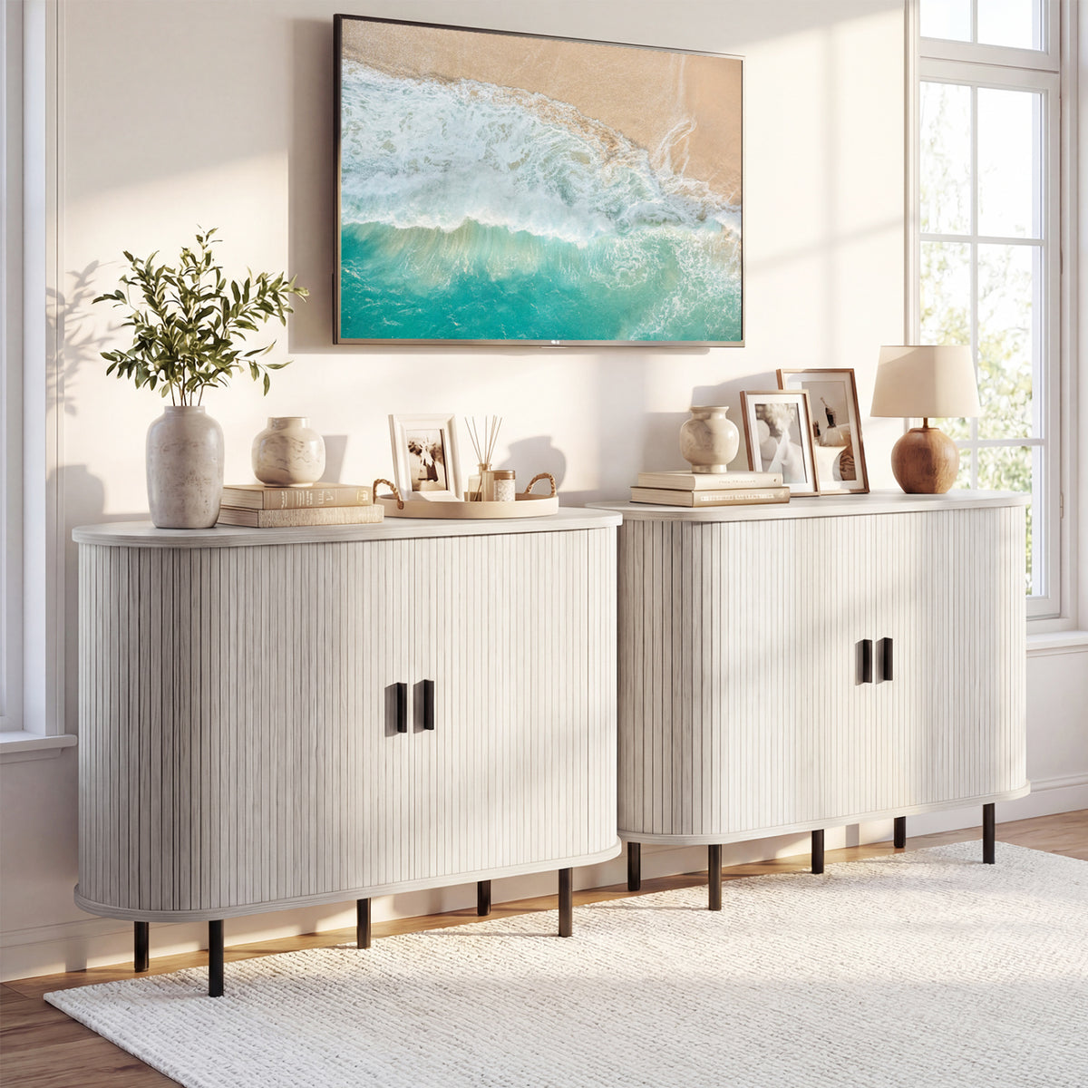 47 Inch Fluted Sideboard Buffet Cabinet with Tambour Sliding Doors and Metal Legs-Grey