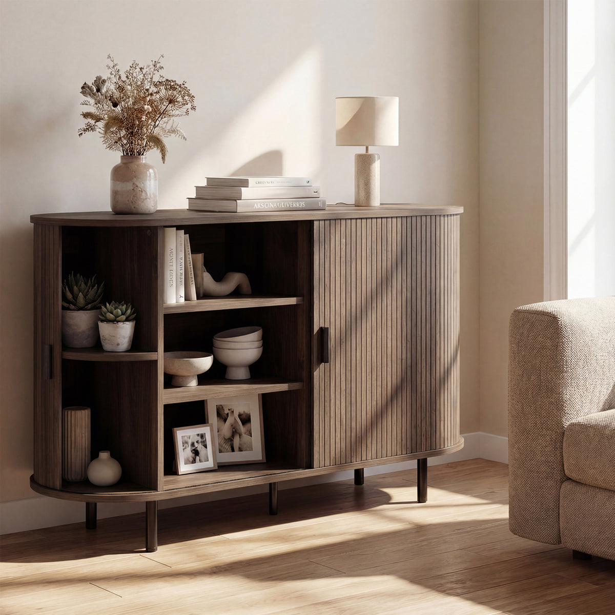 47 Inch Fluted Sideboard Buffet Cabinet with Tambour Sliding Doors and Metal Legs-Walnut