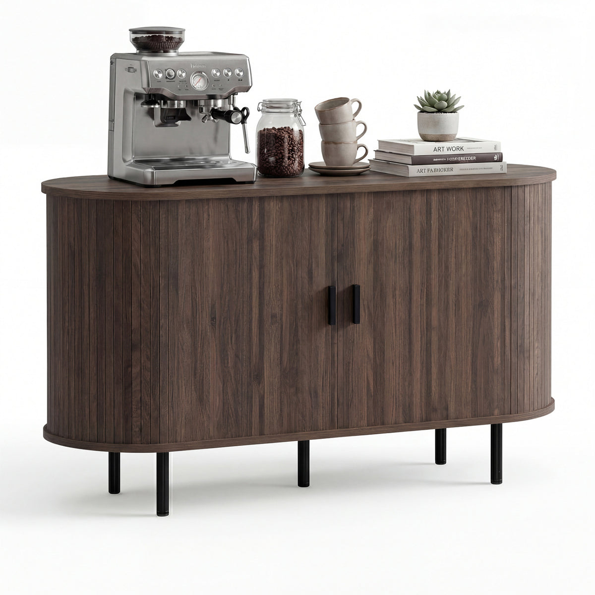 47 Inch Fluted Sideboard Buffet Cabinet with Tambour Sliding Doors and Metal Legs-Walnut