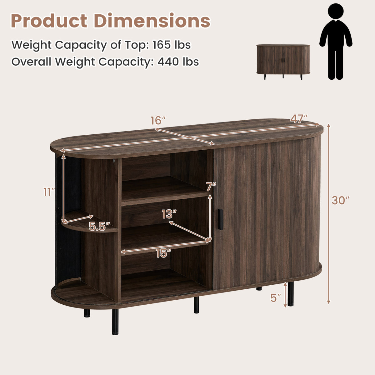 47 Inch Fluted Sideboard Buffet Cabinet with Tambour Sliding Doors and Metal Legs-Walnut