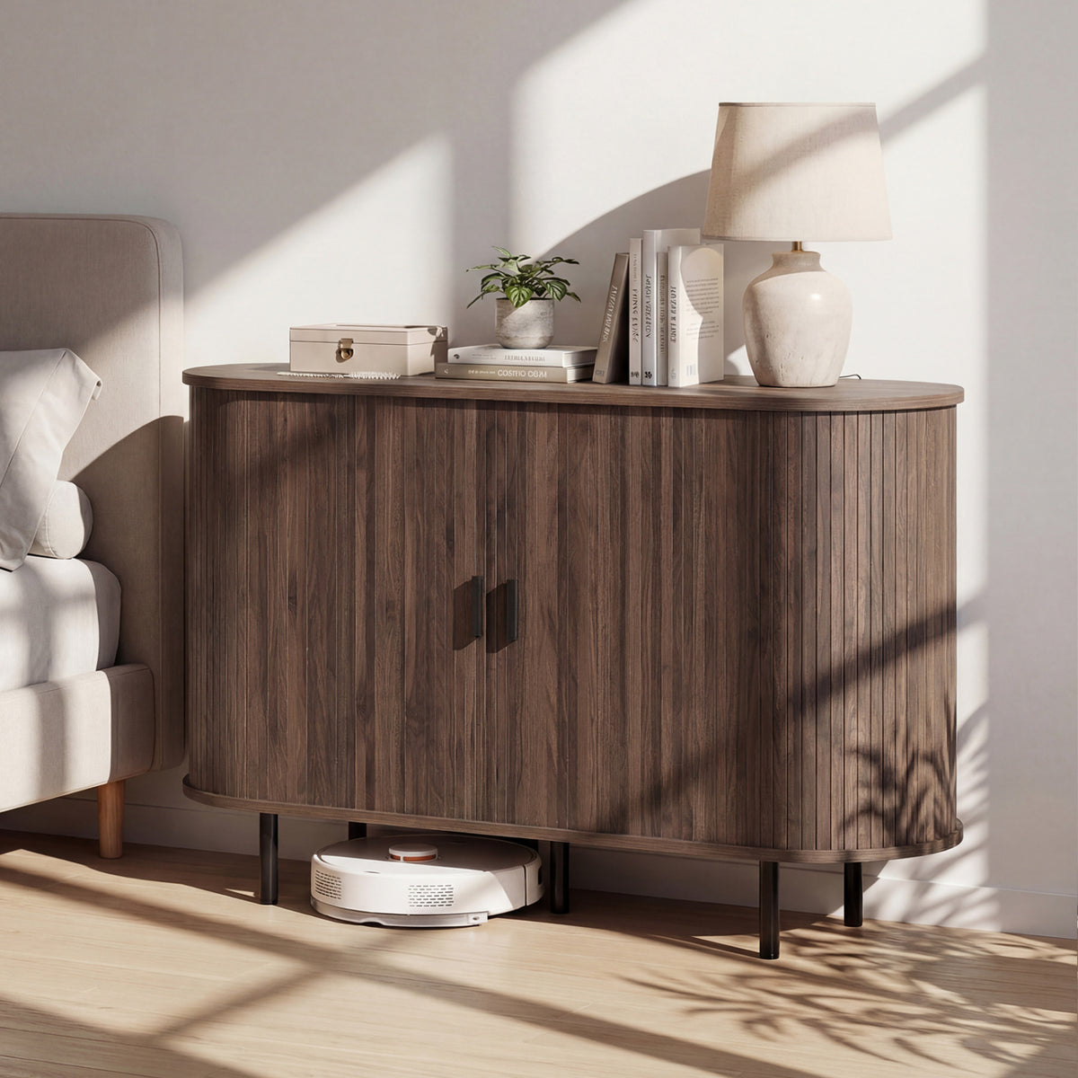47 Inch Fluted Sideboard Buffet Cabinet with Tambour Sliding Doors and Metal Legs-Walnut