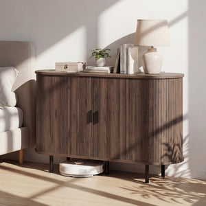 47 Inch Fluted Sideboard Buffet Cabinet with Tambour Sliding Doors and Metal Legs-Walnut