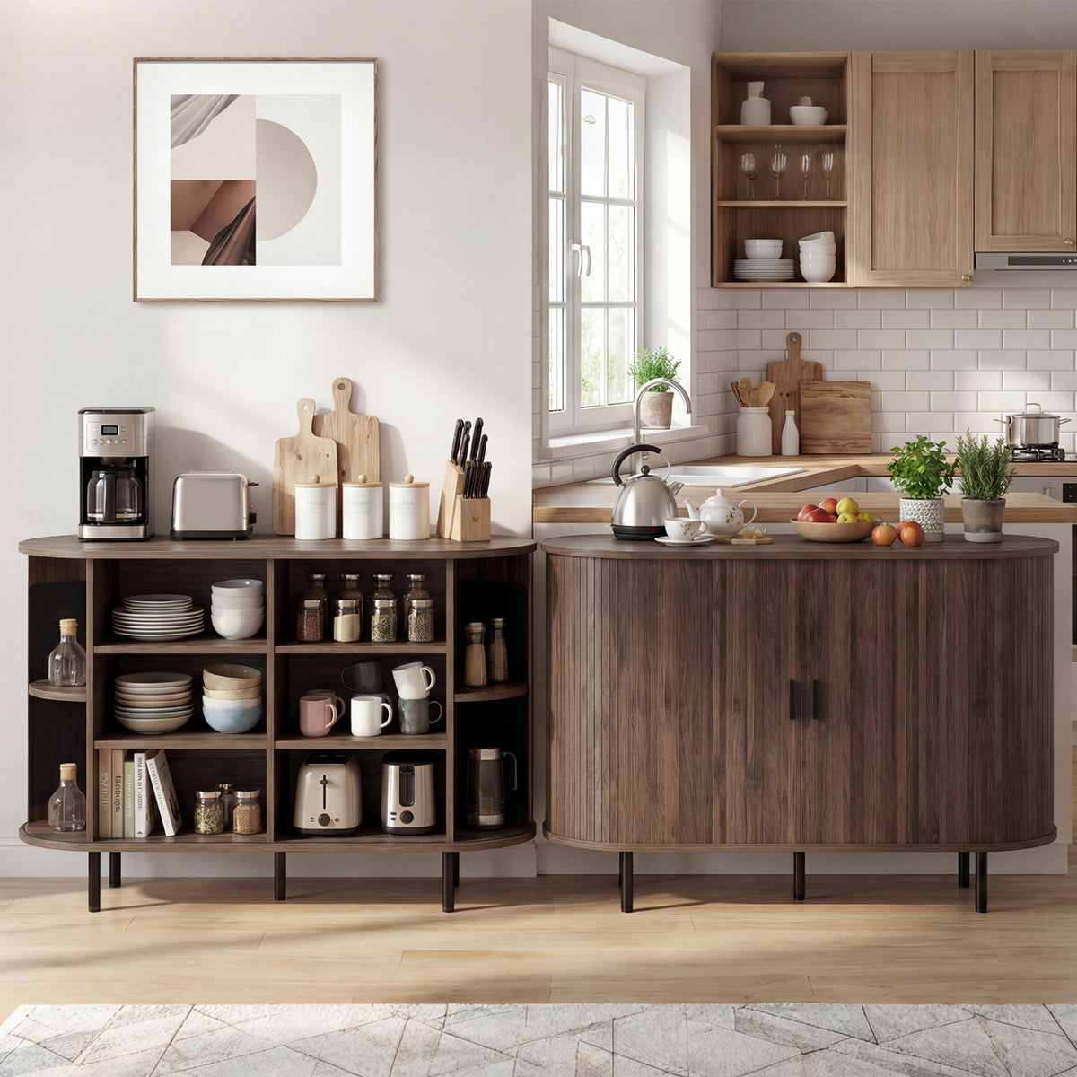 47 Inch Fluted Sideboard Buffet Cabinet with Tambour Sliding Doors and Metal Legs-Walnut