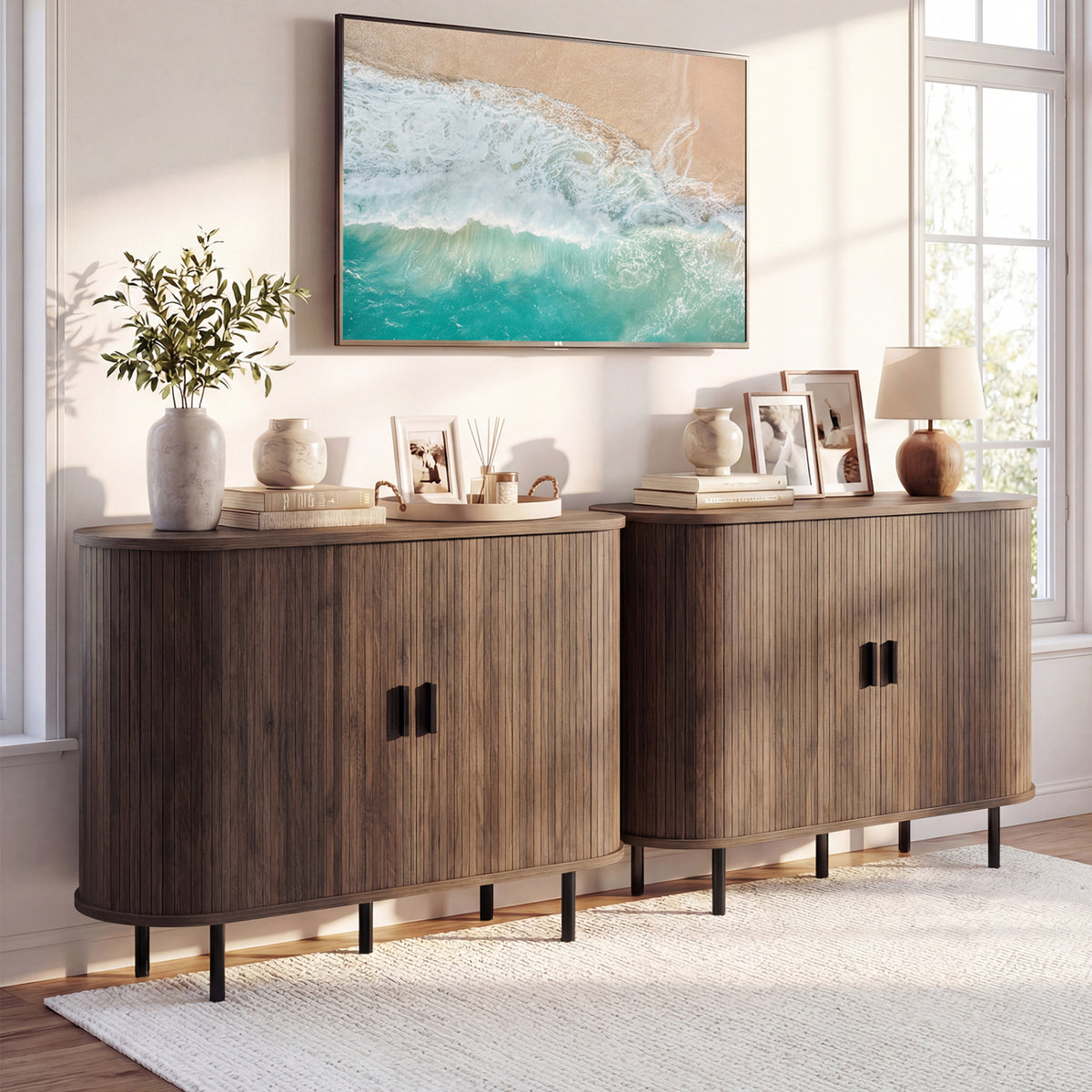 47 Inch Fluted Sideboard Buffet Cabinet with Tambour Sliding Doors and Metal Legs-Walnut