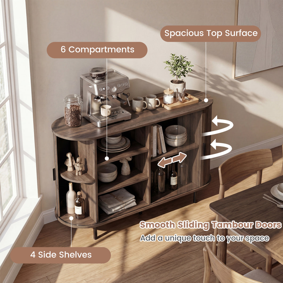 47 Inch Fluted Sideboard Buffet Cabinet with Tambour Sliding Doors and Metal Legs-Walnut
