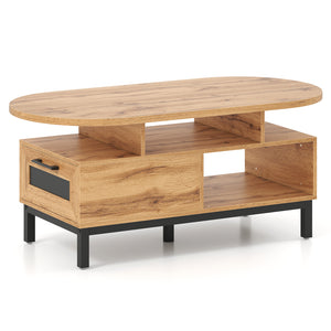 47 Inch Oval Coffee Table with Storage and Open Compartments for Living Room-Natural