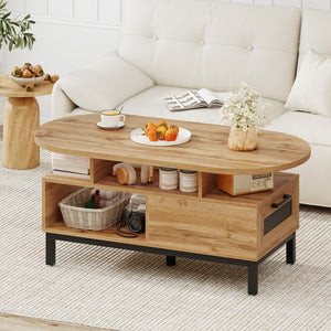 47 Inch Oval Coffee Table with Storage and Open Compartments for Living Room-Natural
