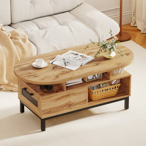47 Inch Oval Coffee Table with Storage and Open Compartments for Living Room-Natural