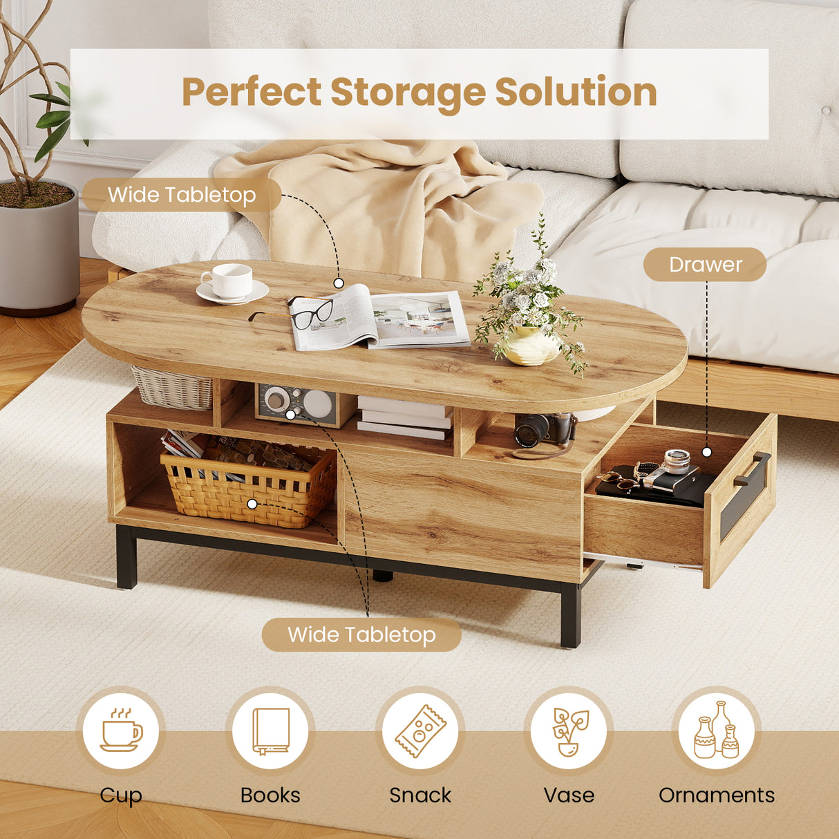 47 Inch Oval Coffee Table with Storage and Open Compartments for Living Room-Natural