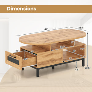 47 Inch Oval Coffee Table with Storage and Open Compartments for Living Room-Natural