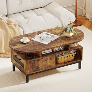 47 Inch Oval Coffee Table with Storage and Open Compartments for Living Room-Rustic Brown