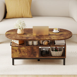 47 Inch Oval Coffee Table with Storage and Open Compartments for Living Room-Rustic Brown