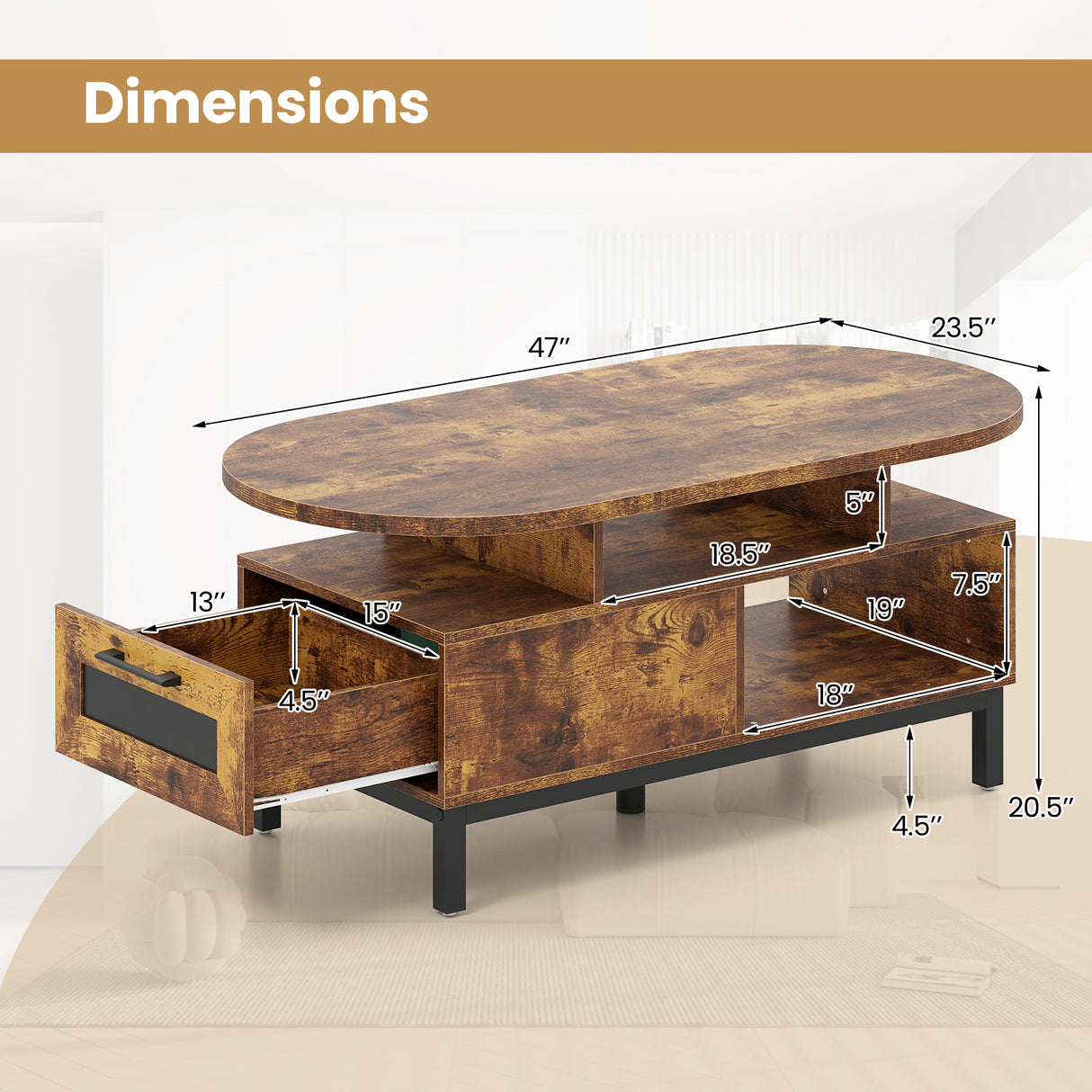 47 Inch Oval Coffee Table with Storage and Open Compartments for Living Room-Rustic Brown