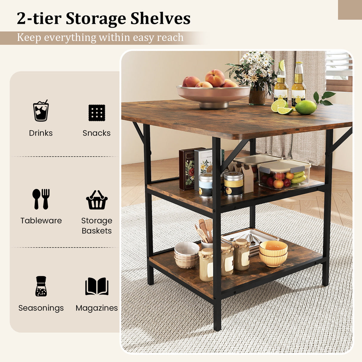 47 Inch Rectangular Dining Table with 2 Open Storage Shelves and Sturdy Metal Legs for 4-6-Rustic Brown costway2