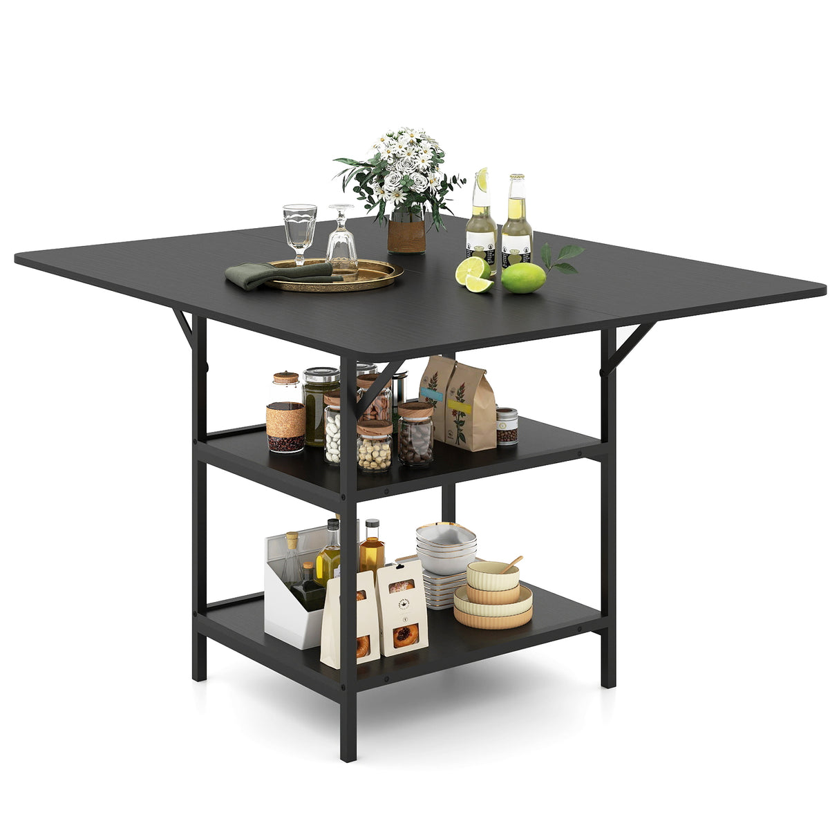 47 Inch Rectangular Dining Table with 2 Open Storage Shelves and Sturdy Metal Legs for 4-6-Black costway3