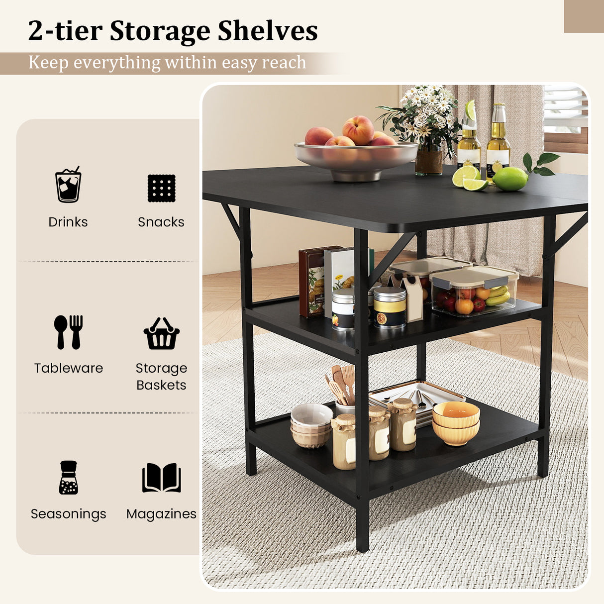 47 Inch Rectangular Dining Table with 2 Open Storage Shelves and Sturdy Metal Legs for 4-6-Black costway3