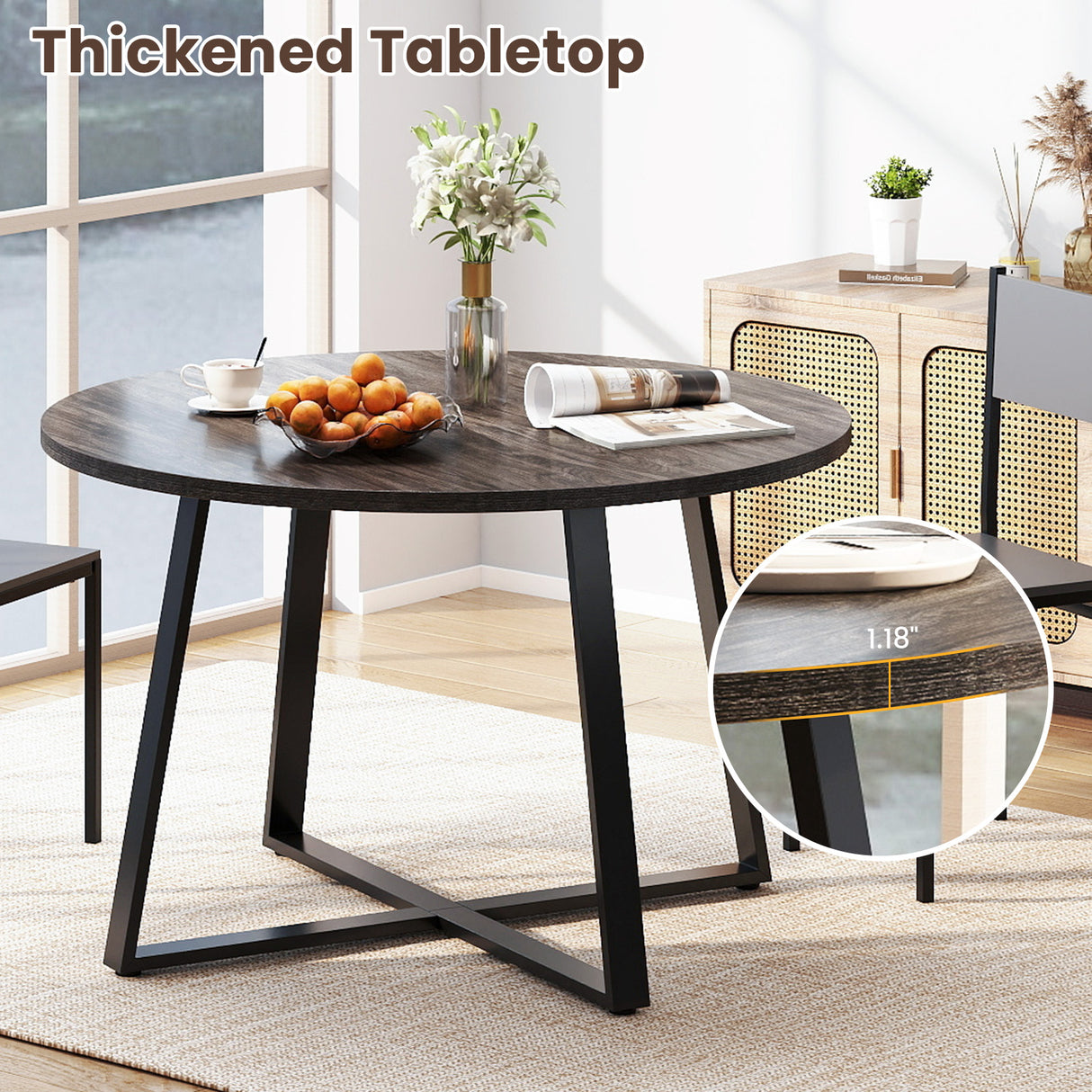 47 Inch Round Dining Table with Stable X-shaped Base and Round Thickened Tabletop-Grey